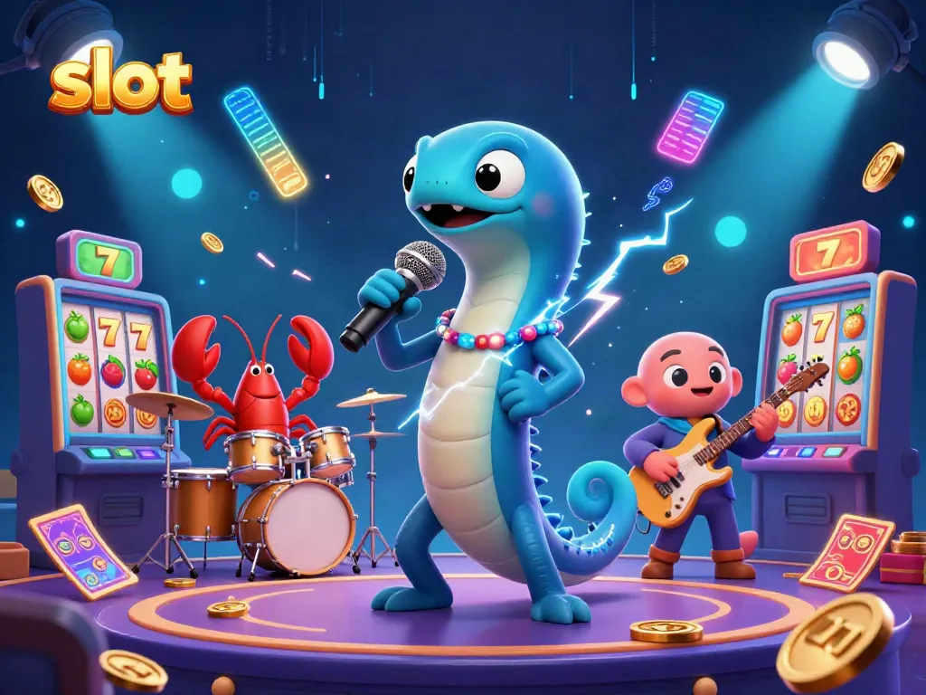 Engage with slot machines as a 3D electric eel DJ hosts a vibrant underwater casino show.
