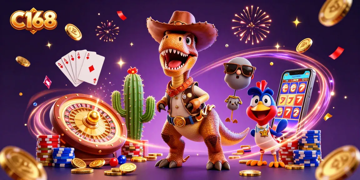 Experience exciting gameplay with C168's vibrant casino scene filled with dinosaur characters, coins, and gems.