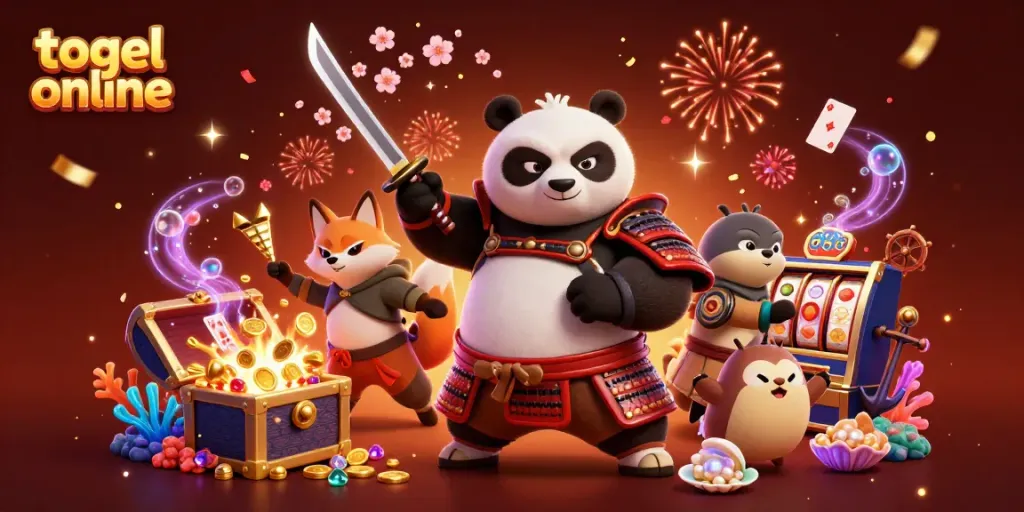 Memenangkan togel online dengan keceriaan visual karakter panda samurai dan ninja di latar belakang yang meriah.
