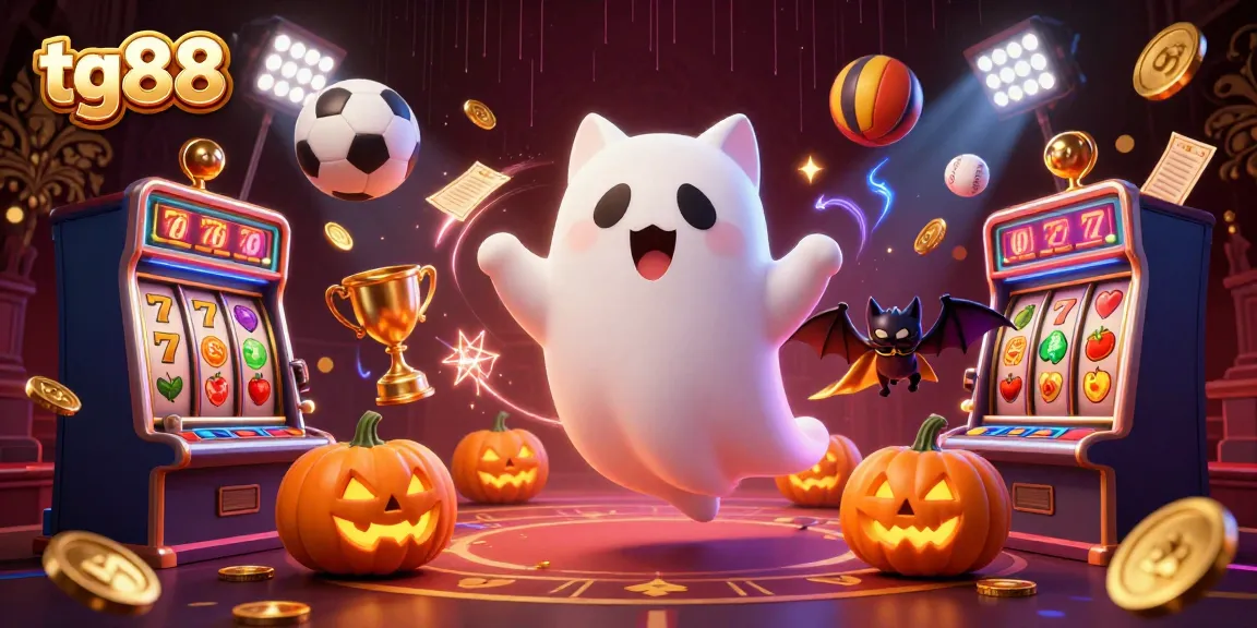 Join the excitement at tg88 featuring a ghost cat, slot reels, and vibrant casino elements!