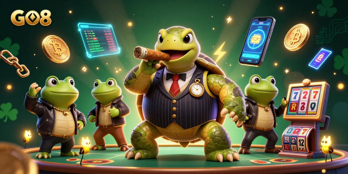 Engage with GO8's casino fun in a vibrant 3D illustration showcasing a snapping turtle and bullfrogs.