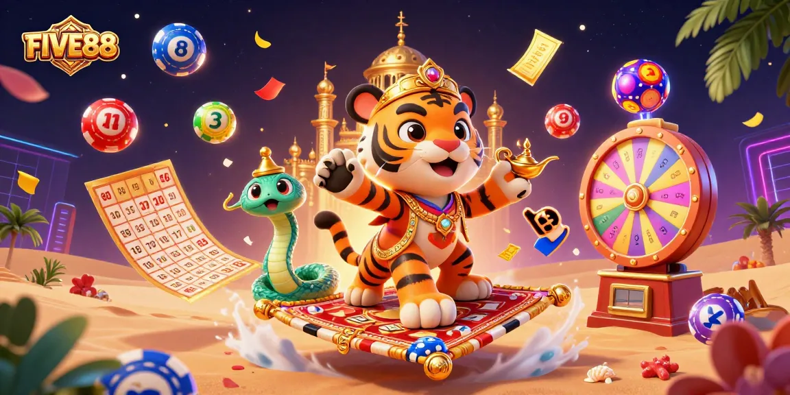 Participate in FIVE88's vibrant gaming world featuring a tiger sultan and magic elements