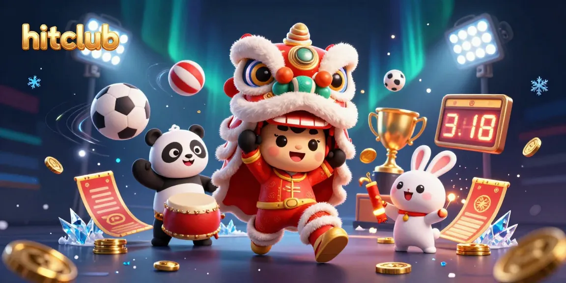 hitclub showcases a vibrant 3D casino celebration with lion dance performers, drums, and dynamic sports betting elements.