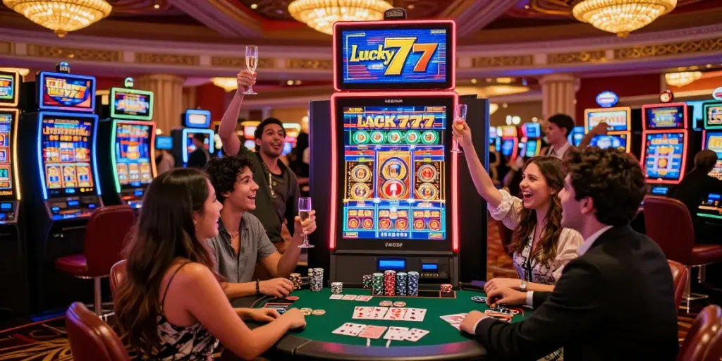 Friends celebrating a jackpot at the Lucky777 slot machine in a vibrant casino.