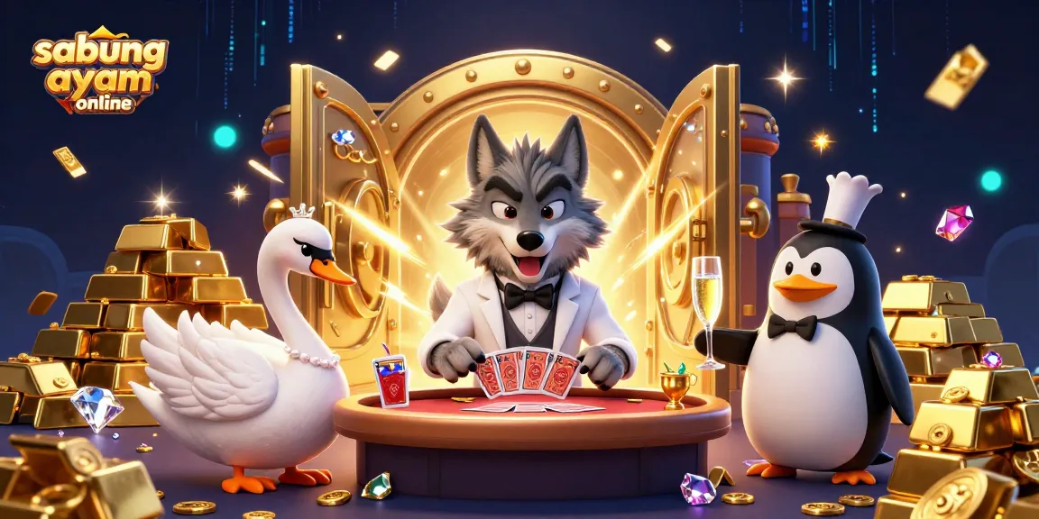 Sabung ayam online experience elevated with a debonair wolf dealer and stylish characters amidst dazzling gold.