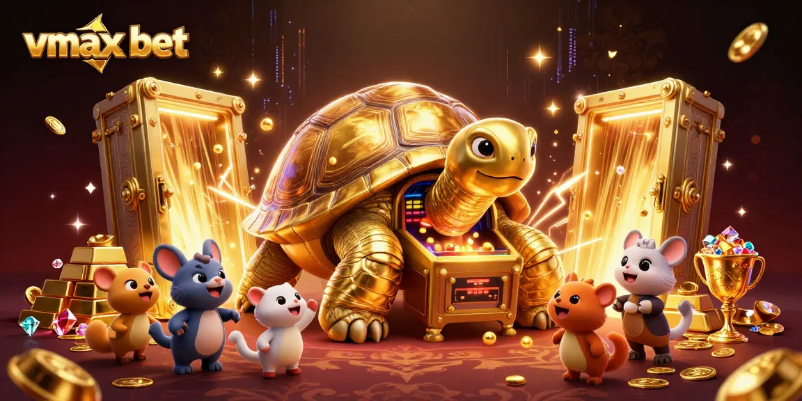 Engage with vmax bet while enjoying a lively scene of a golden tortoise and its gaming treasure.