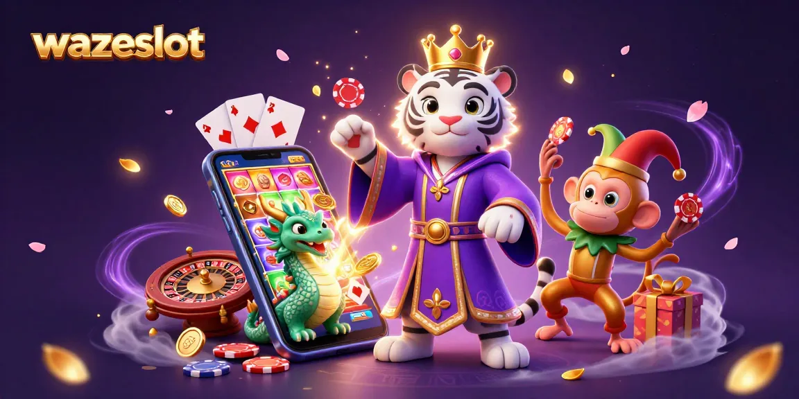 Engage in the vibrant world of wazeslot with a 3D illustration featuring dynamic characters and casino elements.