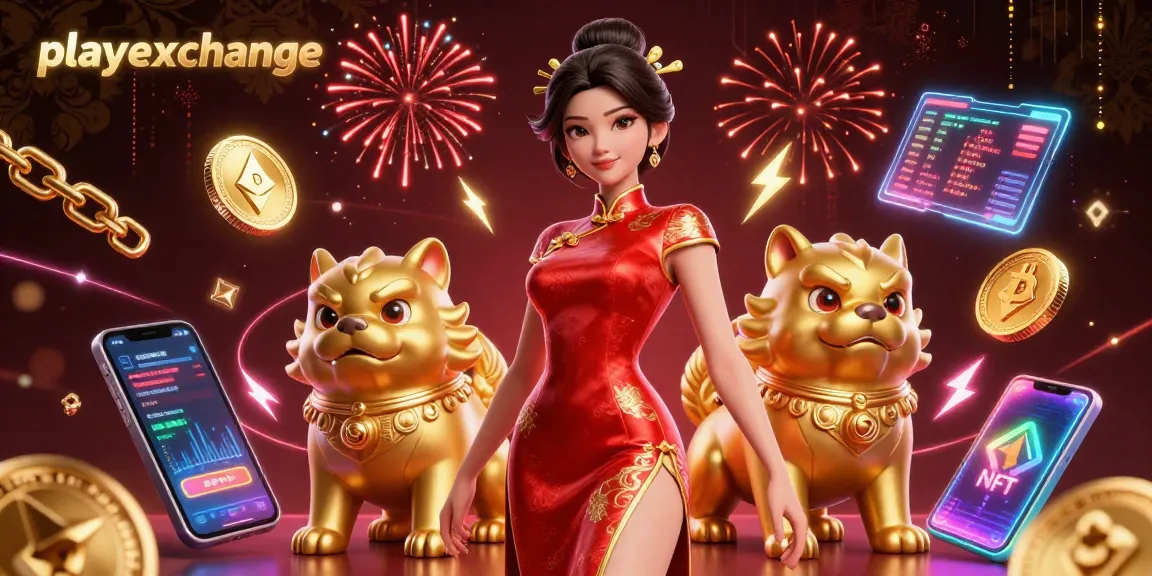 Experience thrilling action with playexchange as a glamorous woman celebrates amidst crypto elements and golden foo dog guardians.