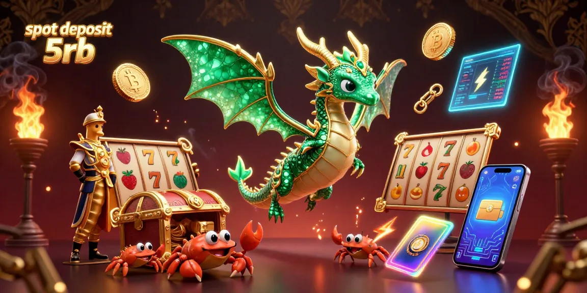 Experience the excitement of slot deposit 5rb with a vibrant scene featuring a sea dragon, slot elements, and crypto coins.