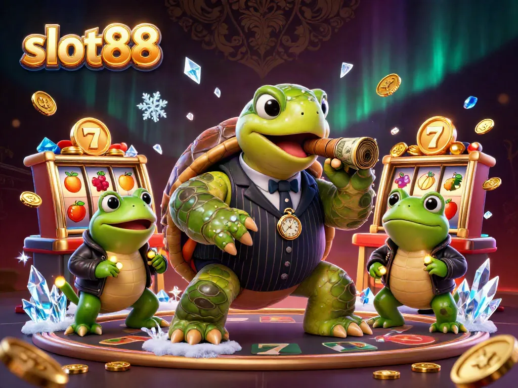 Slot88 menggambarkan karakter unik dalam ilustrasi kasino 3D, menampilkan mesin slot dan simbol keberuntungan.