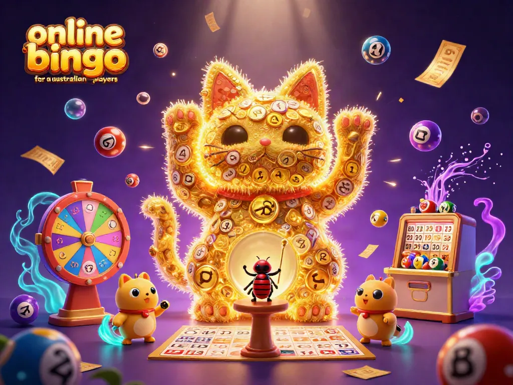 Play exciting online bingo for Australian players with vibrant symbols and dynamic elements in an engaging scene.
