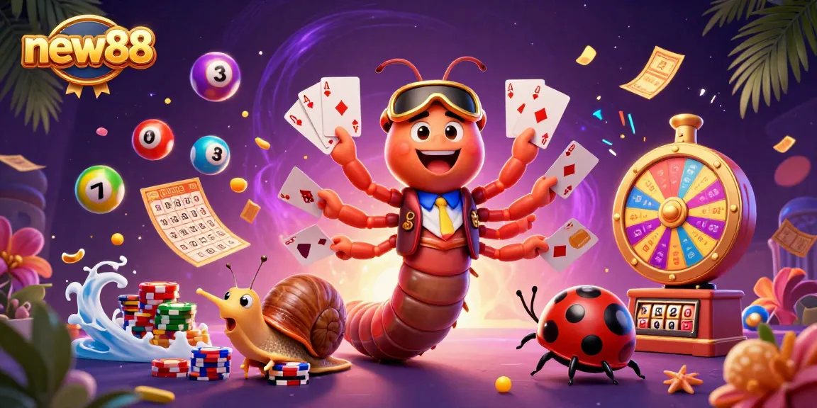 Engage with new88's vibrant online casino world featuring a cartoon dealer and games.
