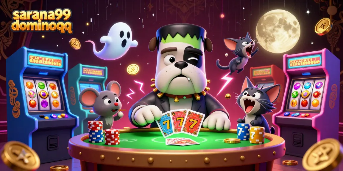 Sarana99 dominoqq showcases a lively 3D casino scene with unique characters engaging in table games surrounded by vibrant gaming elements.