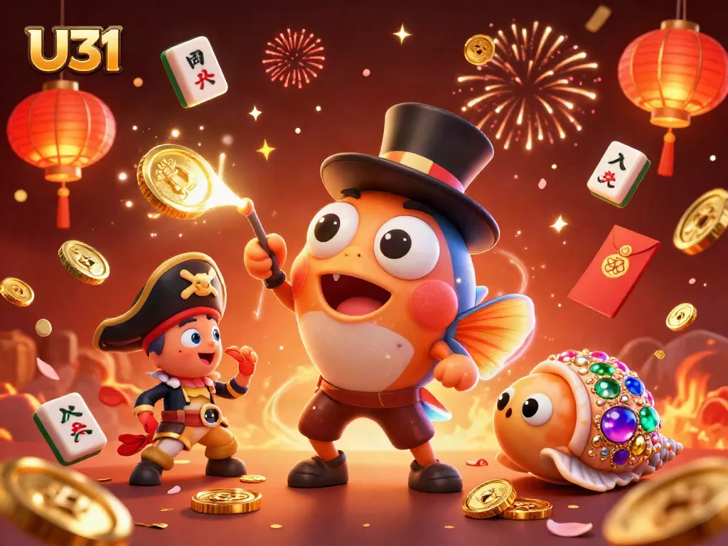 U31 anglerfish attracts golden coins amidst a vibrant casino scene filled with lucky symbols.