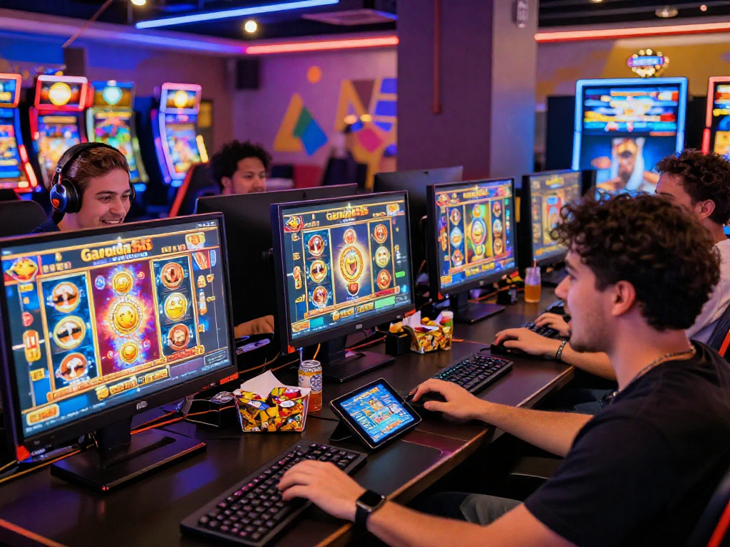 Exciting online gaming scene at https://garuda55.com/ featuring players enjoying thrilling slot machines with vibrant graphics.