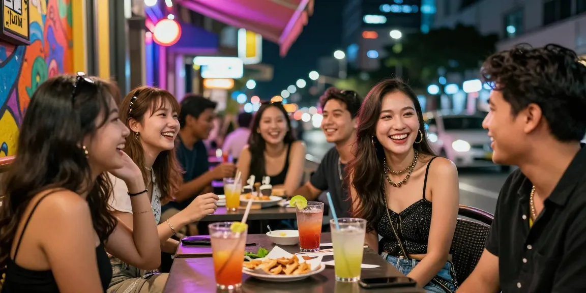 Gái gọi tận hưởng bầu không khí vui vẻ ở quán cà phê ngoài trời đầy ánh đèn neon.