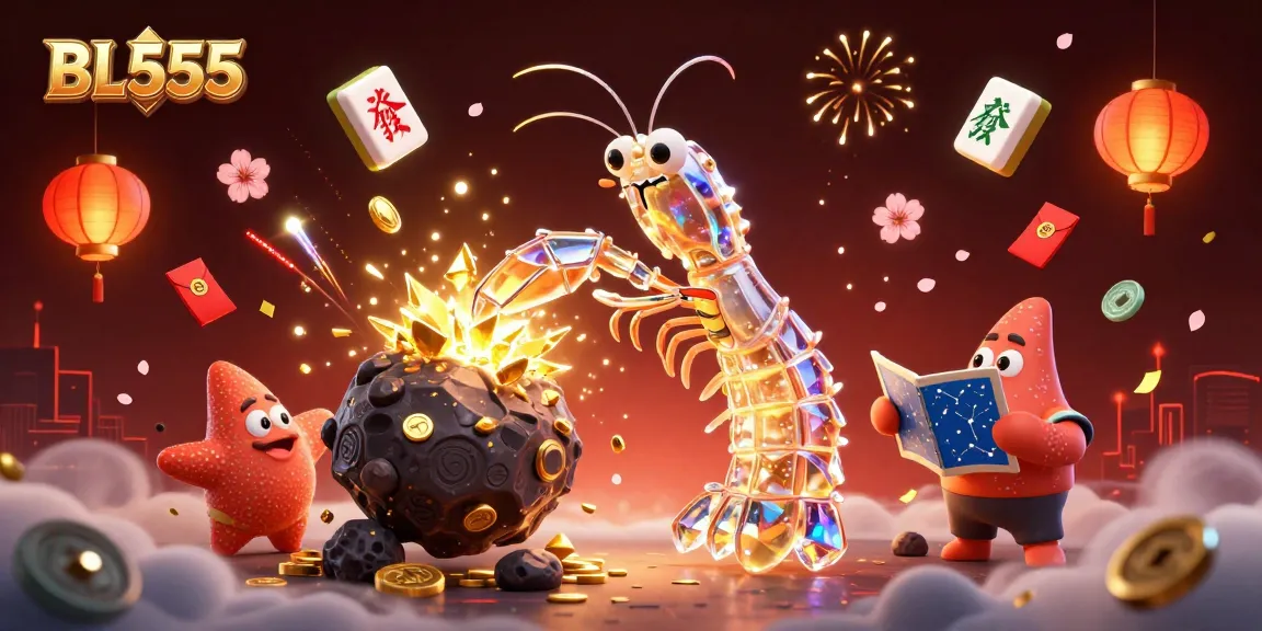 BL555 gaming scene with a galactic shrimp samurai punching through an asteroid of golden gems.