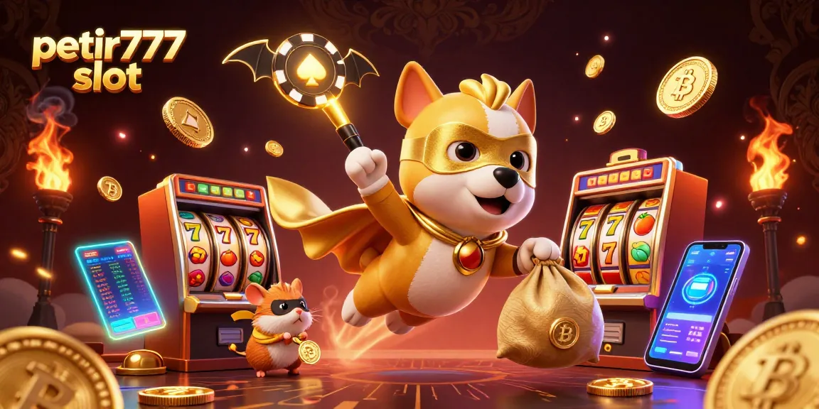 Experience petir777 slot with a dynamic, colorful 3D illustration of a superhero dog flying, mixed with rich casino elements.