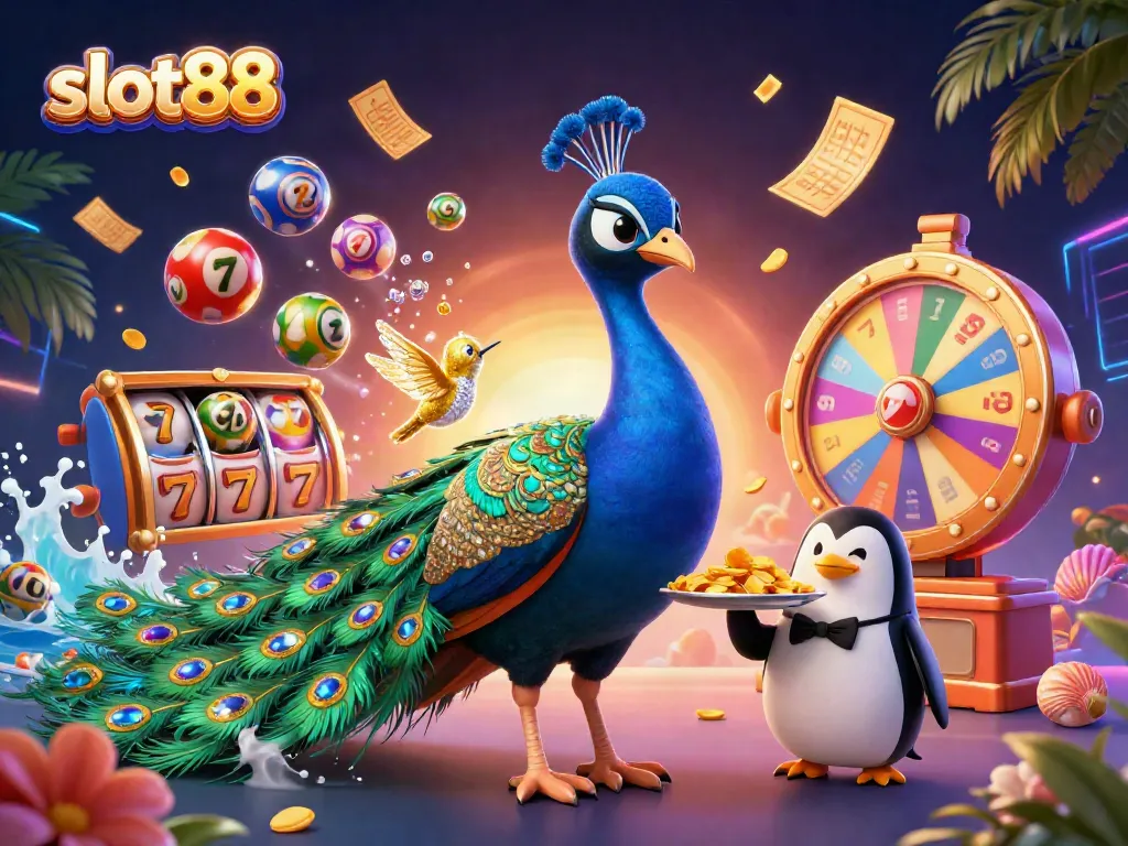 Menangkan hadiah di slot88 dengan ilustrasi kasino yang menampilkan karakter unik dan elemen permainan