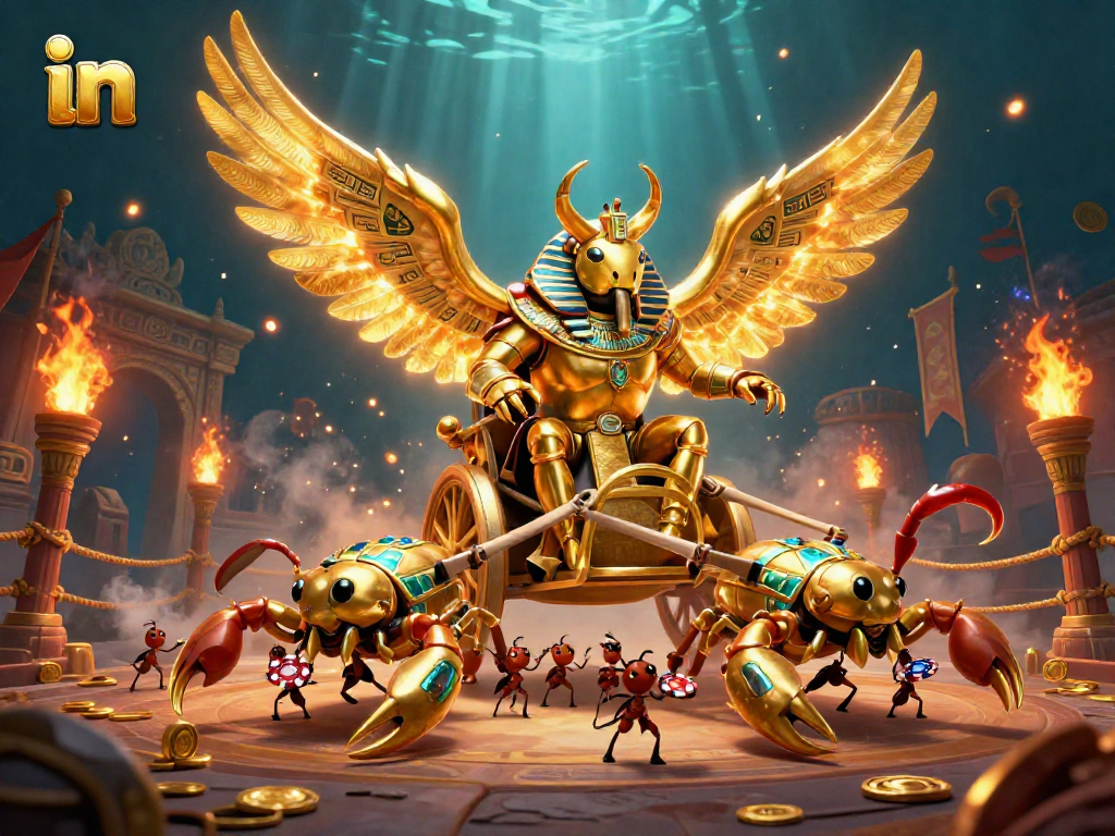 Spin the reels in a vibrant 3D casino scene featuring a golden scarab and scorpion chariot.