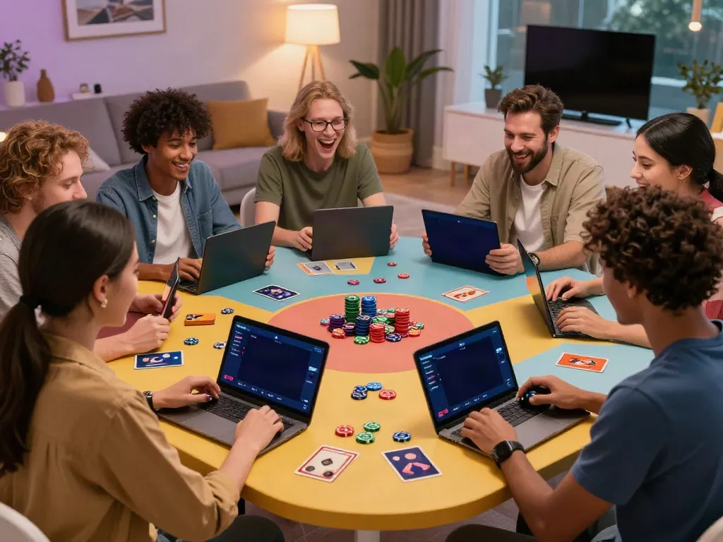 Group of friends enjoying yono games on smartphones in a cozy living room