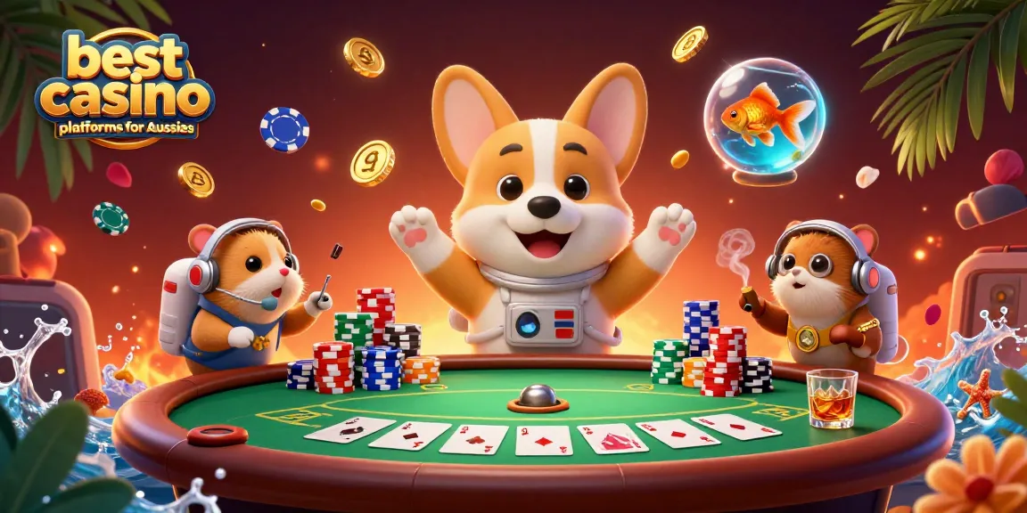 Experience the best casino platforms for Aussies with a dynamic 3D illustration featuring a floating corgi in a casino.