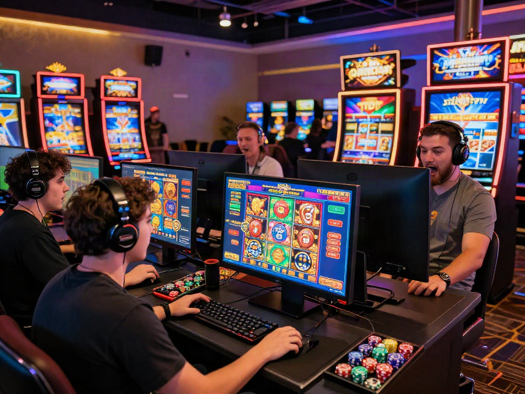 Players enjoying slot106 games in a colorful online casino setting
