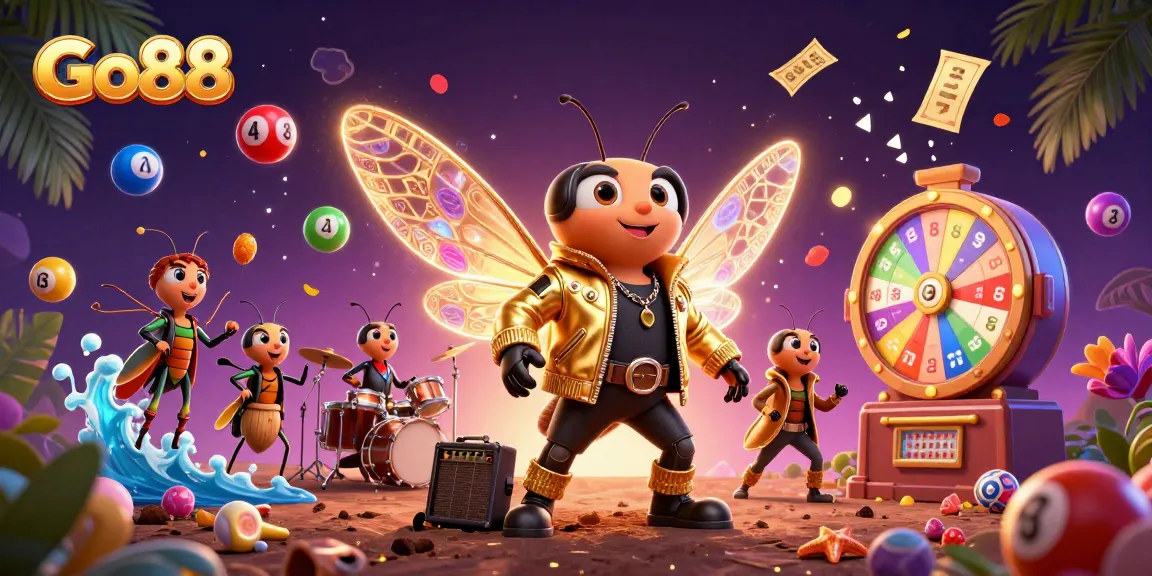Engage with Go88's vibrant casino experience, featuring colorful game elements and a dynamic rock star scene.