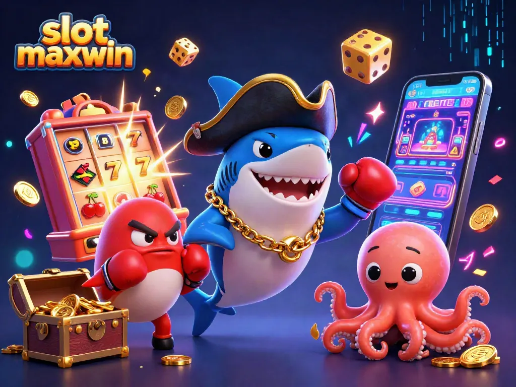Spin the slot maxwin with a cartoon pirate shark, a pufferfish, and an octopus in a vibrant casino scene.