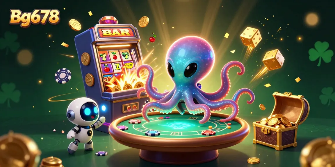 Engage in the exciting world of Bg678 with an alien octopus at a holographic poker table amidst a vibrant casino scene.