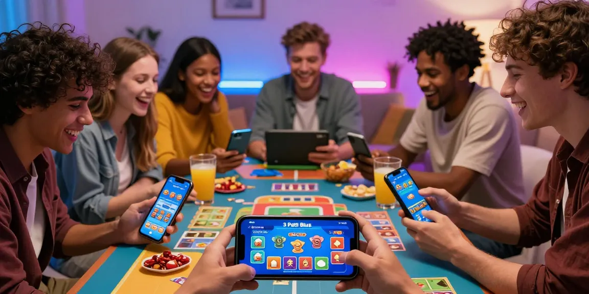 Top rated 3 Patti Blue gaming app, showcasing friends enjoying fun gameplay on smartphones in a vibrant living room.