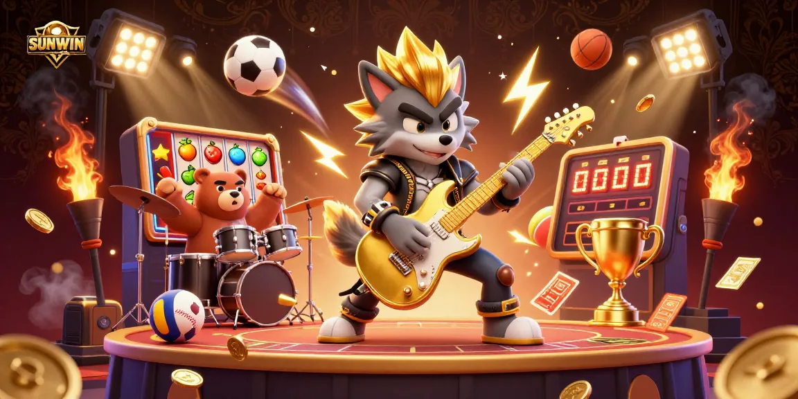 SUNWIN elevates the excitement with an electrifying 3D casino scene featuring an animated wolf rocking the stage.