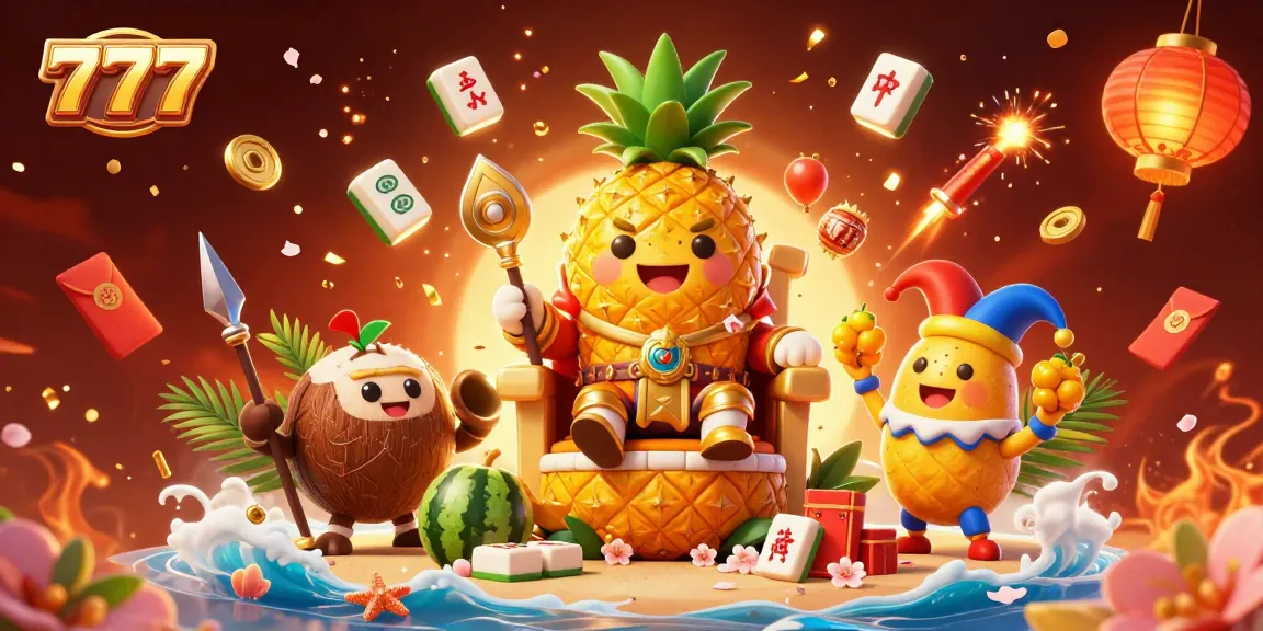 Experience the thrill of 777 slots with a vibrant 3D casino scene featuring a golden pineapple king and exciting game elements.