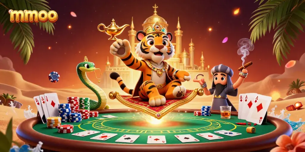 Engage in thrilling mmoo casino adventures with a 3D illustration depicting a tiger sultan on a poker chip carpet.