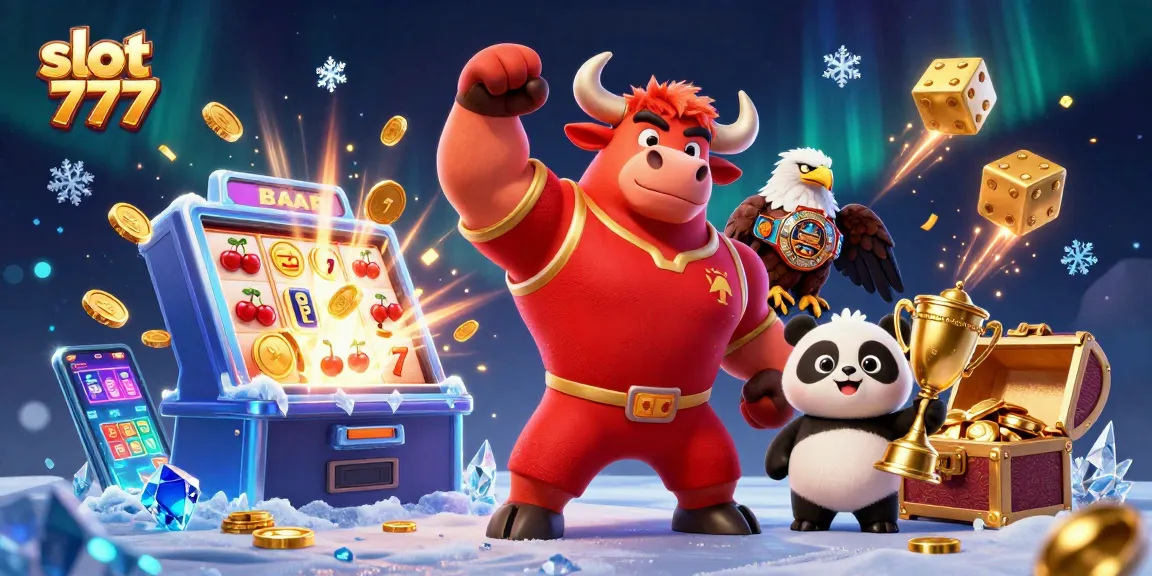Spin to win in slot 777 as a muscular bull mascot, eagle, and panda celebrate a jackpot.