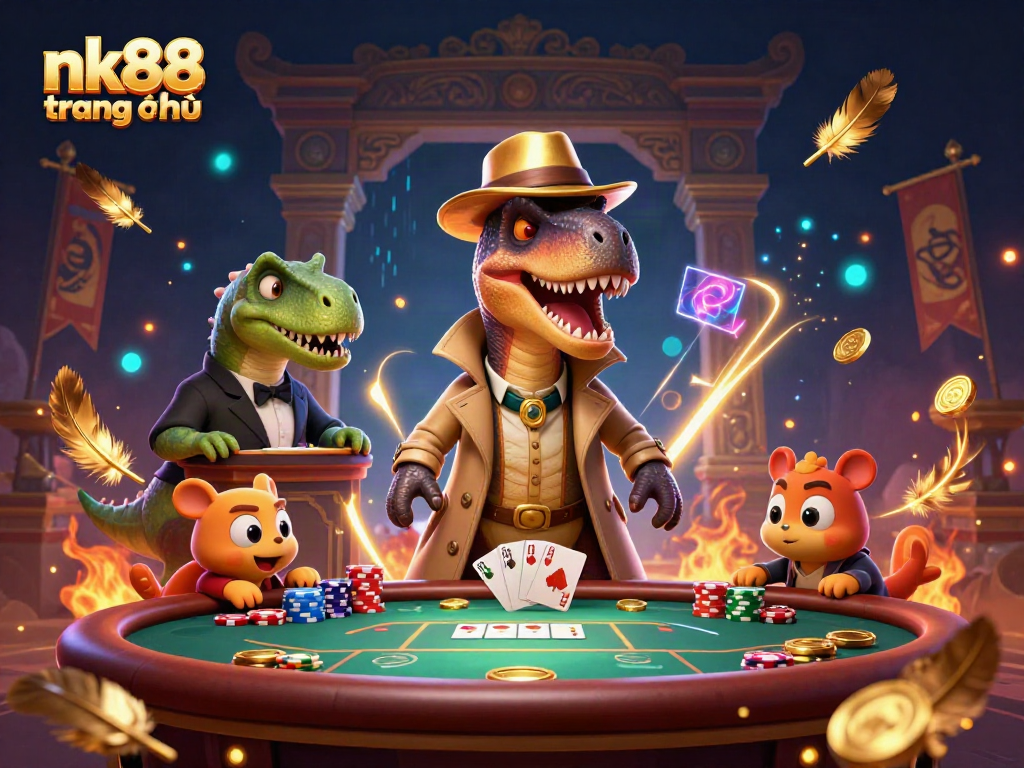 Engage in thrilling card games with nk88 trang chủ featuring the velociraptor card counter in a vibrant casino scene.