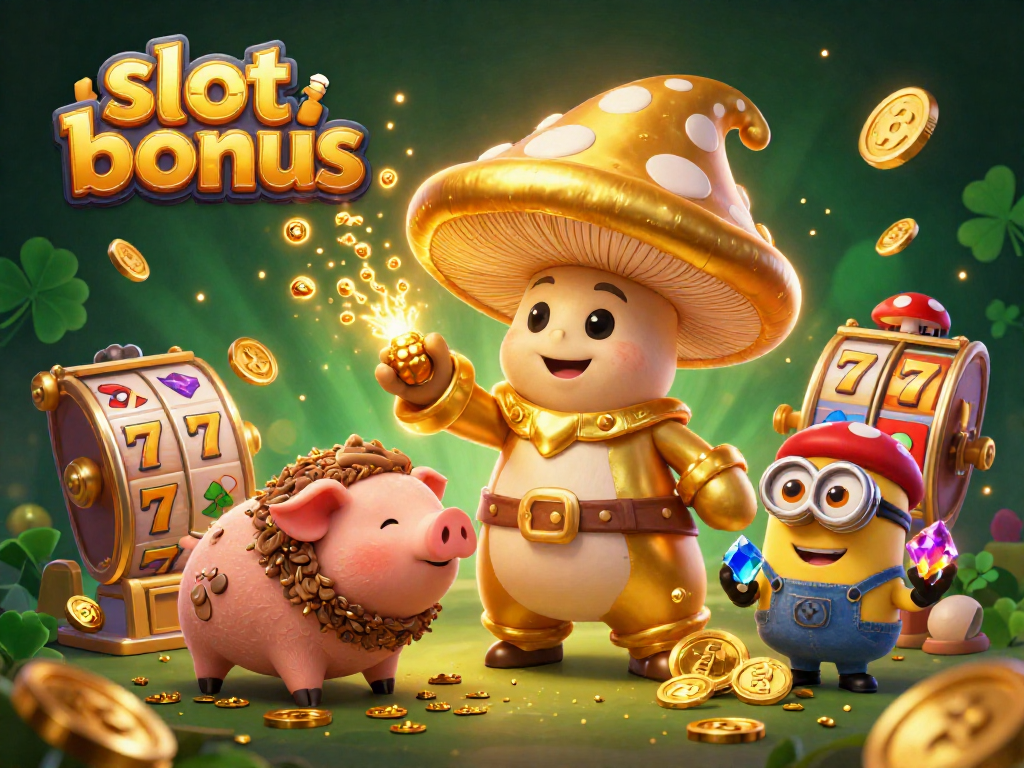 Engage with slot bonus excitement as a golden mushroom wizard casts magic amidst sparkling jackpots and lively slot reels.