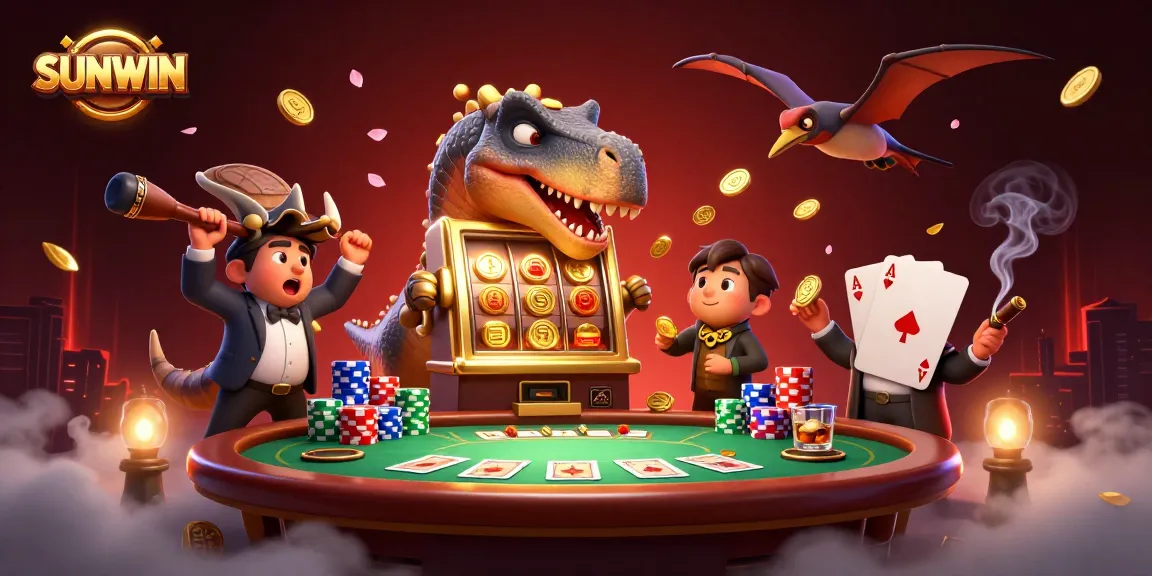 SUNWIN showcases an exciting scene with a dinosaur winning casino jackpots, illustrating dynamic gaming action.