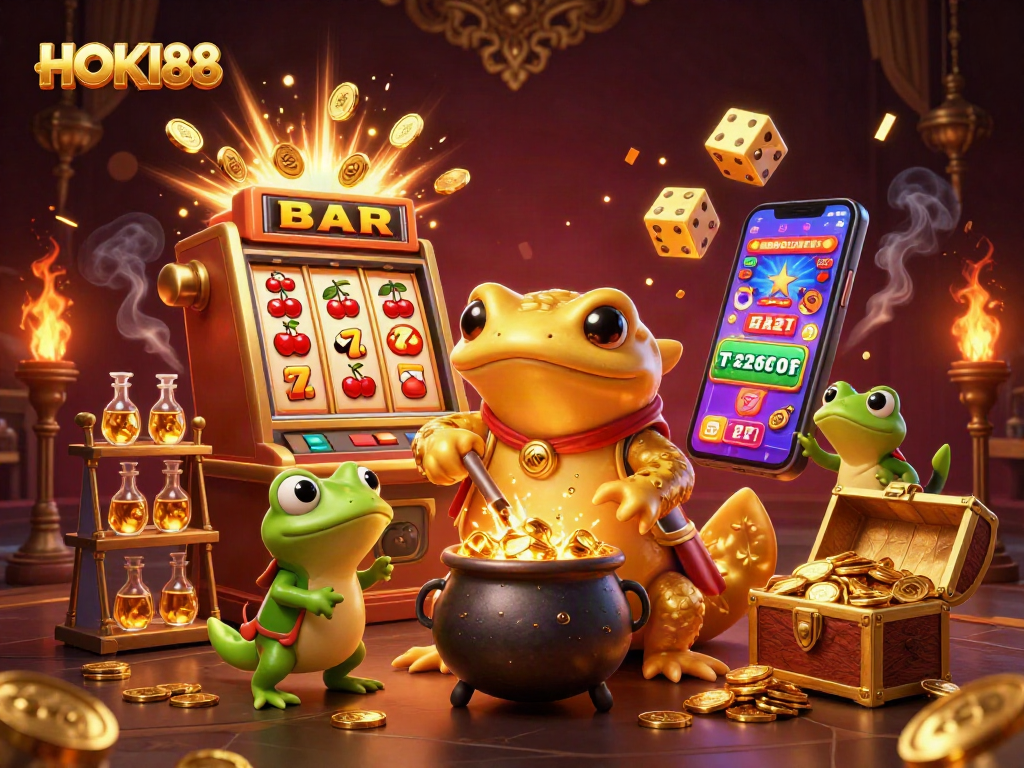 Experience HOKI88 with a vibrant 3D casino scene featuring gold elements, slot machines, and animated characters.