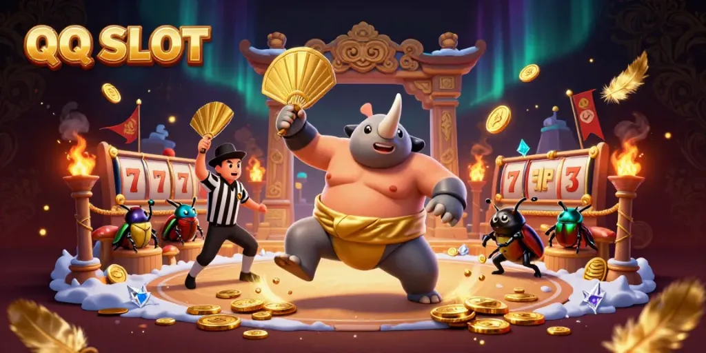 Experience excitement with QQ SLOT featuring a beetle champion, coins flying in a dynamic casino scene.