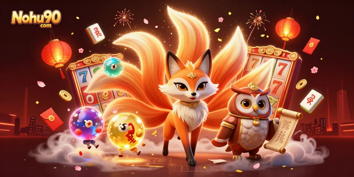 Nohu90 com gaming illustration showcasing vibrant slot elements and mystical characters in a dynamic online casino setting.