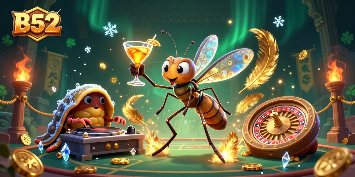 B52 casino neon artwork featuring a frozen mosquito mascot, DJ trilobite, and ammonite roulette wheel.