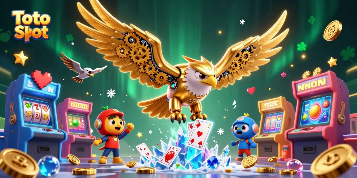 Experience the excitement of Toto Slot with a dynamic 3D casino scene featuring a cybernetic eagle and vibrant game elements.