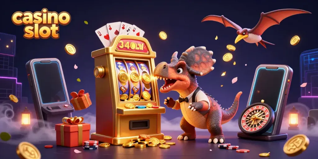 Dynamic scene with a casino slot theme featuring colorful characters and rich gaming elements.