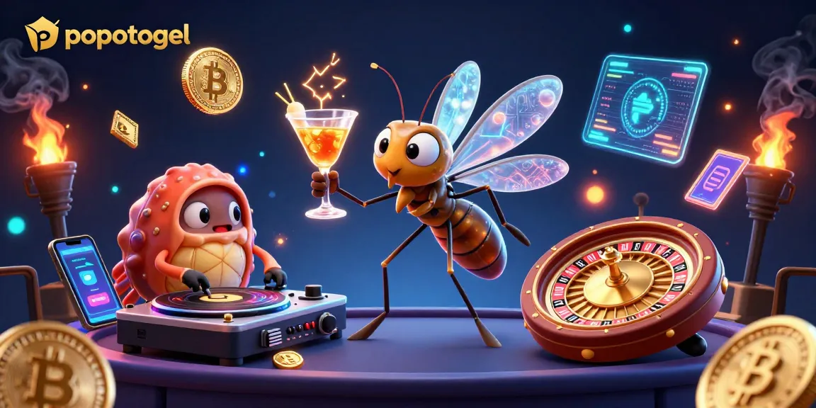Experience the thrilling world of popotogel with vibrant casino characters and crypto elements.