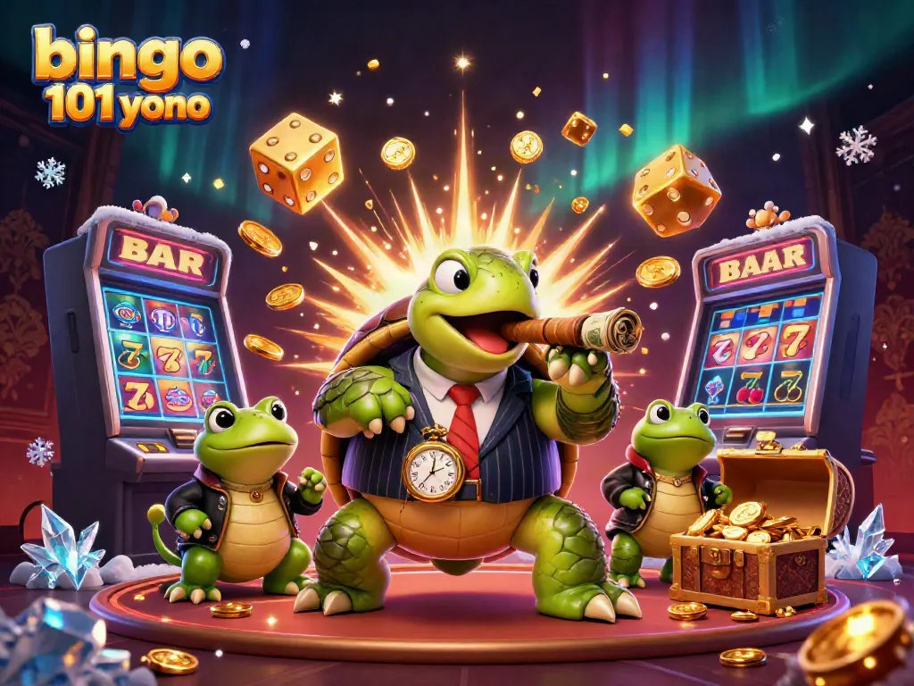 Gambarkan keseruan bermain bingo 101 yono dengan kura-kura kartun dan penegak hukum.