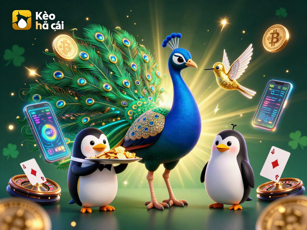 Kèo nhà cái offers thrilling casino visuals featuring a peacock, penguin, and hummingbird amid vibrant gambling elements.