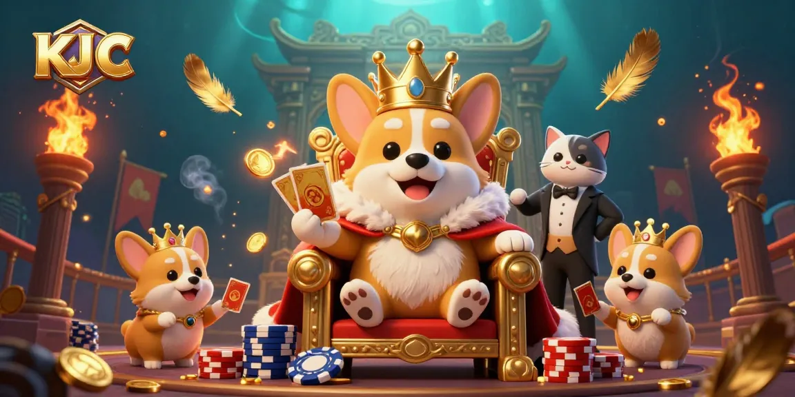 KJ C engages players vividly in a dynamic casino scene with a royal corgi and a cat butler.