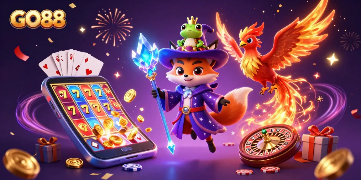 Experience the thrill of GO88 with a mystical wizard fox, colorful slot games, and vibrant casino elements.