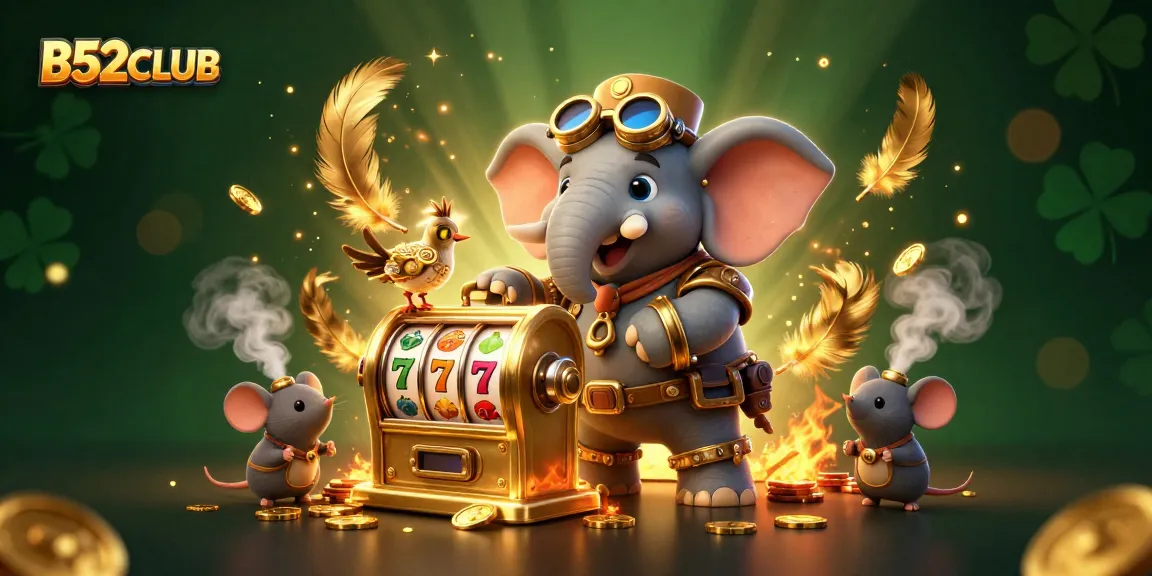 B52CLUB elephant engineer activates golden slots, surrounded by vibrant casino elements in a lively scene.
